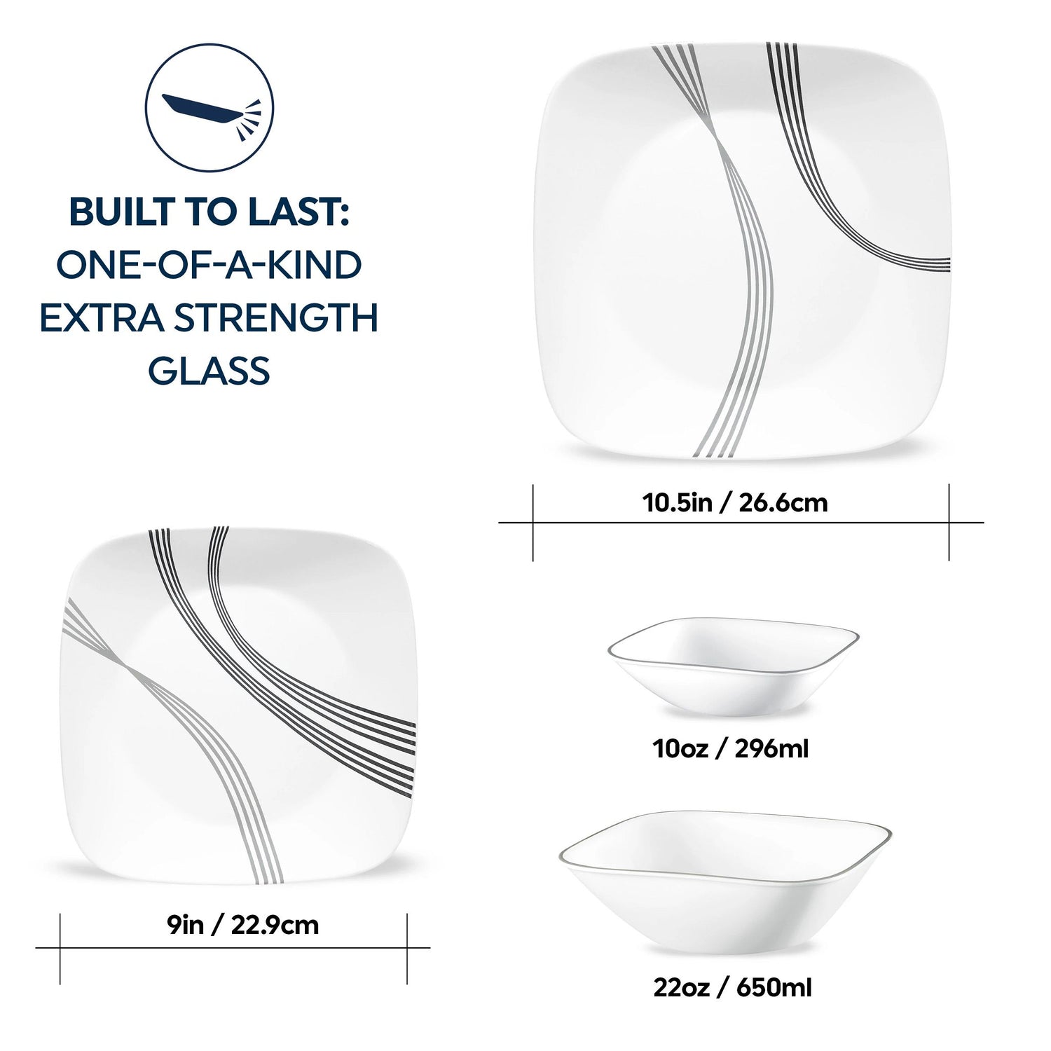 Urban Arc square dinner plate, salad plate, 22oz and 10oz bowls with text built to last one of a kind extra strength glass
