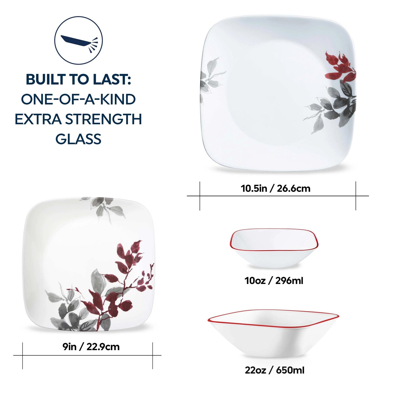 Kyoto Leaves dinner & lunch plate, soup & condiment bowls with text built to last one of a kind extra-strength glass