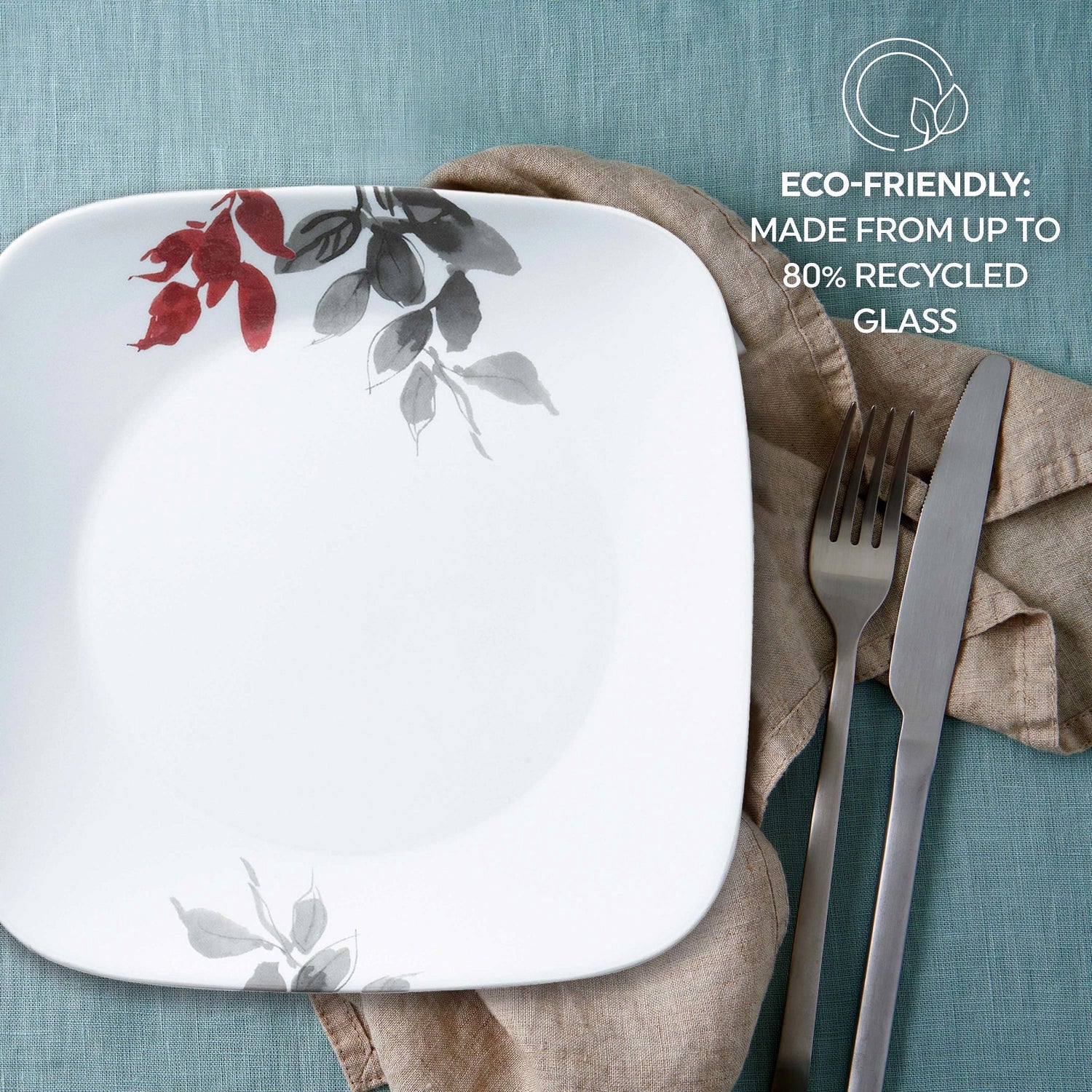 Kyoto Leaves square dinner plae on table with text eco-friendly made from up to 80% recycled glass