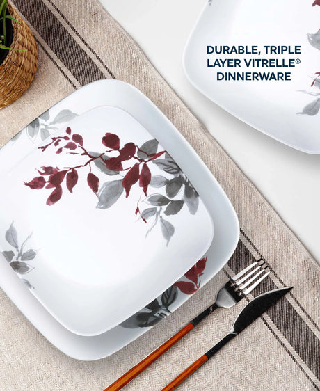  Kyoto Leaves Square Dinner plates on the table with text durable triple layer vitrelle dinnerware