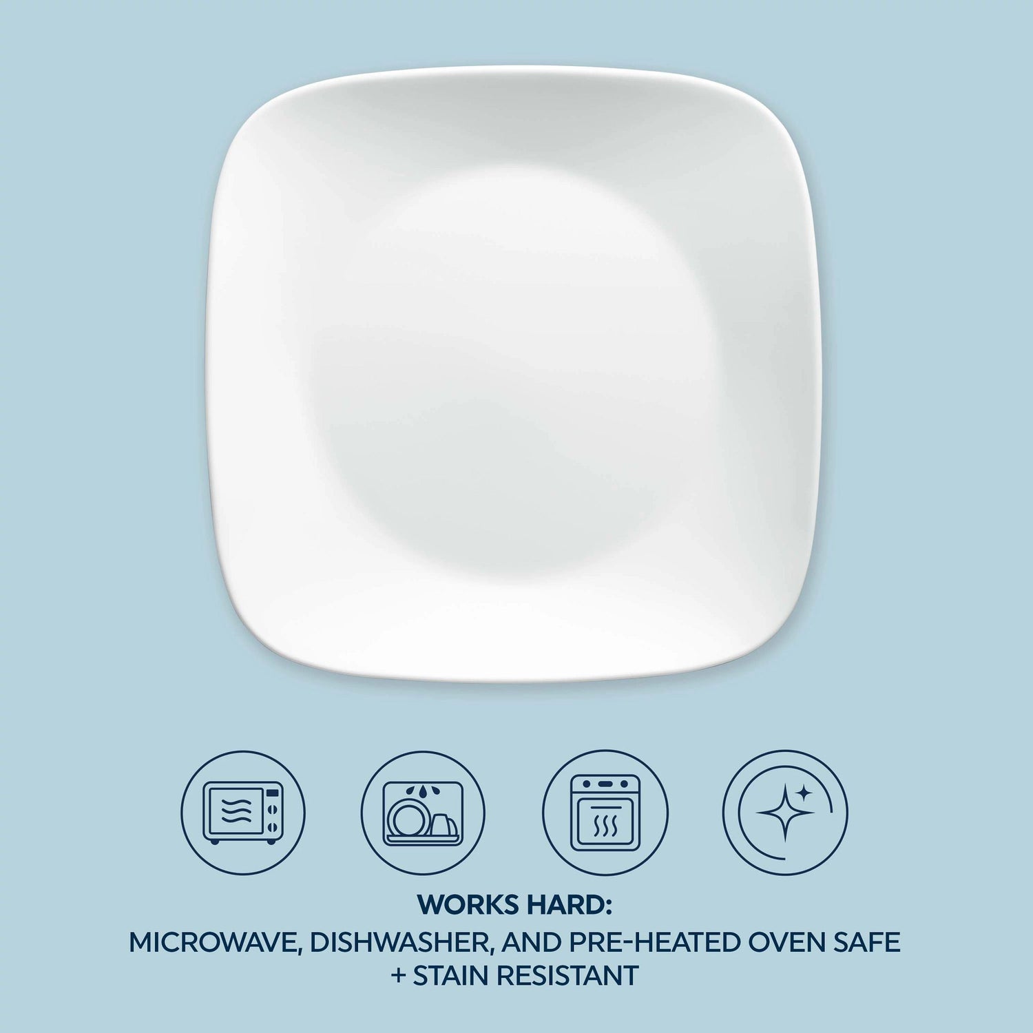 Vivid White dinnerplate with text works hard microwave dishwasher & preheated oven safe & stain resistant