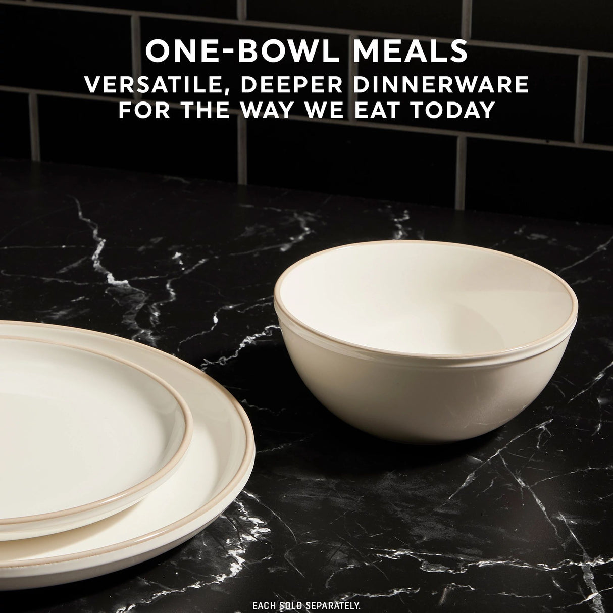  Stoneware Sea Salt dinner pieces with text one-bowl meals versatile, deeper dinnerware for the way we eat today