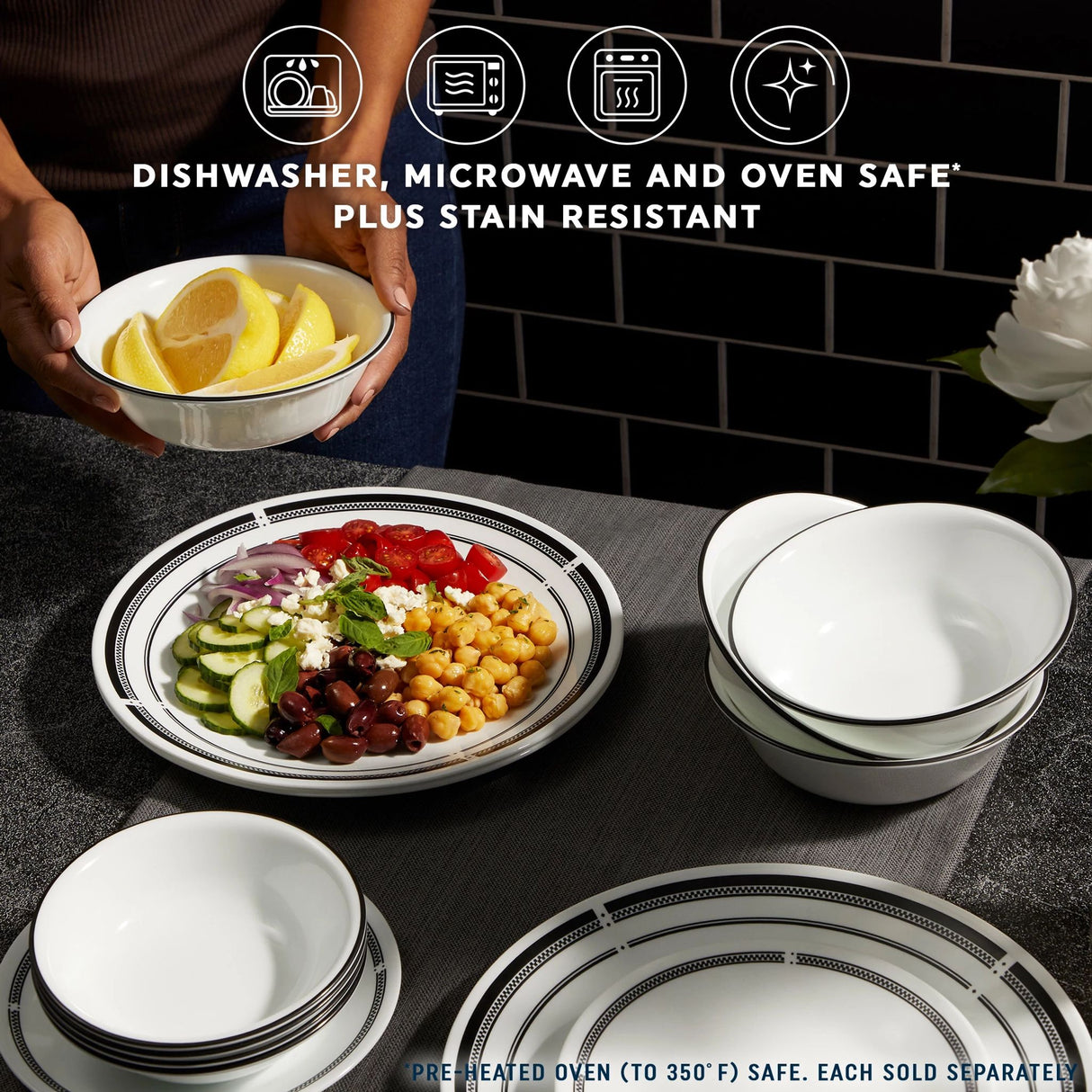  Brasserie dinnerware set on tabletop with text dishwasher, microwave and oven safe plus stain resistant