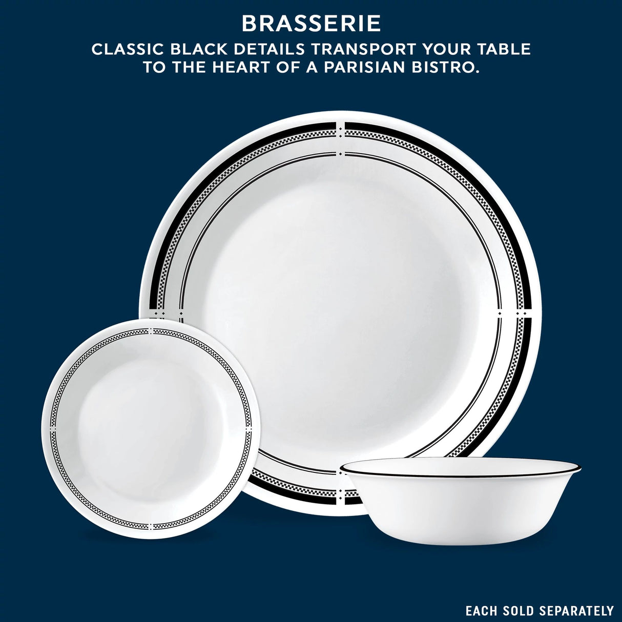 Brasserie dinner & appetizer plate & bowl with text classic black details transport your table to the heart of a partisian bistr
