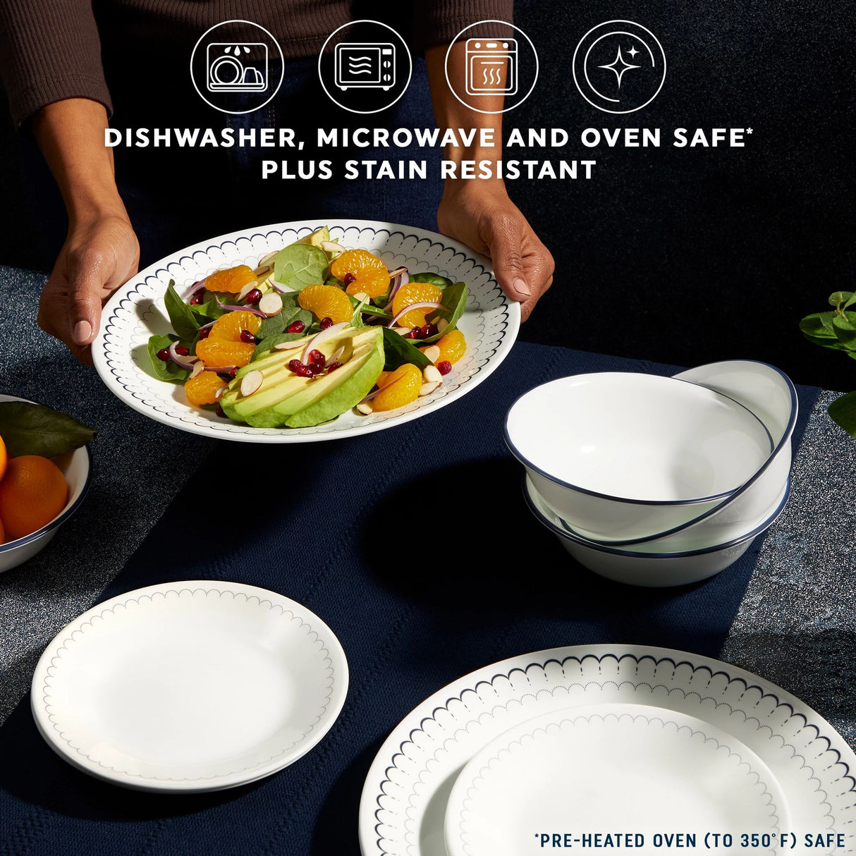 Caspian Lace 18-piece Dinnerware Set with text dishwasher, microwave & ovensafe plus stain resistant