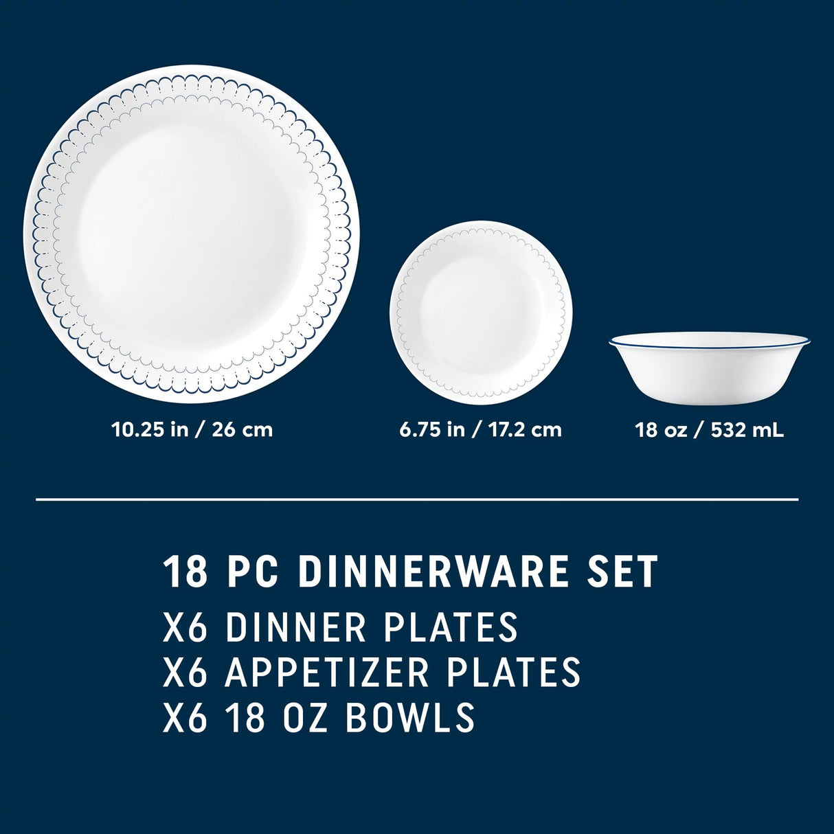 Caspian Lace 6 dinner plates, appetizer plates, and bowls with dimensions
