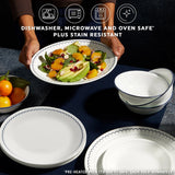  Caspian Lace dinnerware on tabletop with text dishwasher, microwave and oven safe plus stain resistant