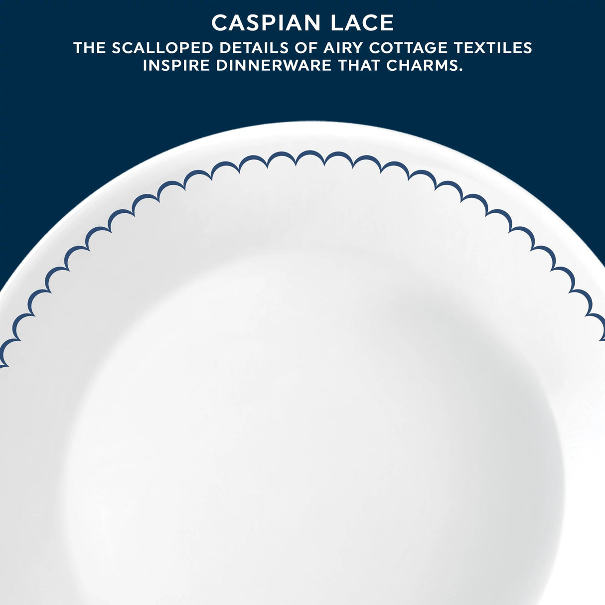  Caspian Lace Dinner Plate with text the scalloped details of airy cottage textiles inspire dinnerware that charms