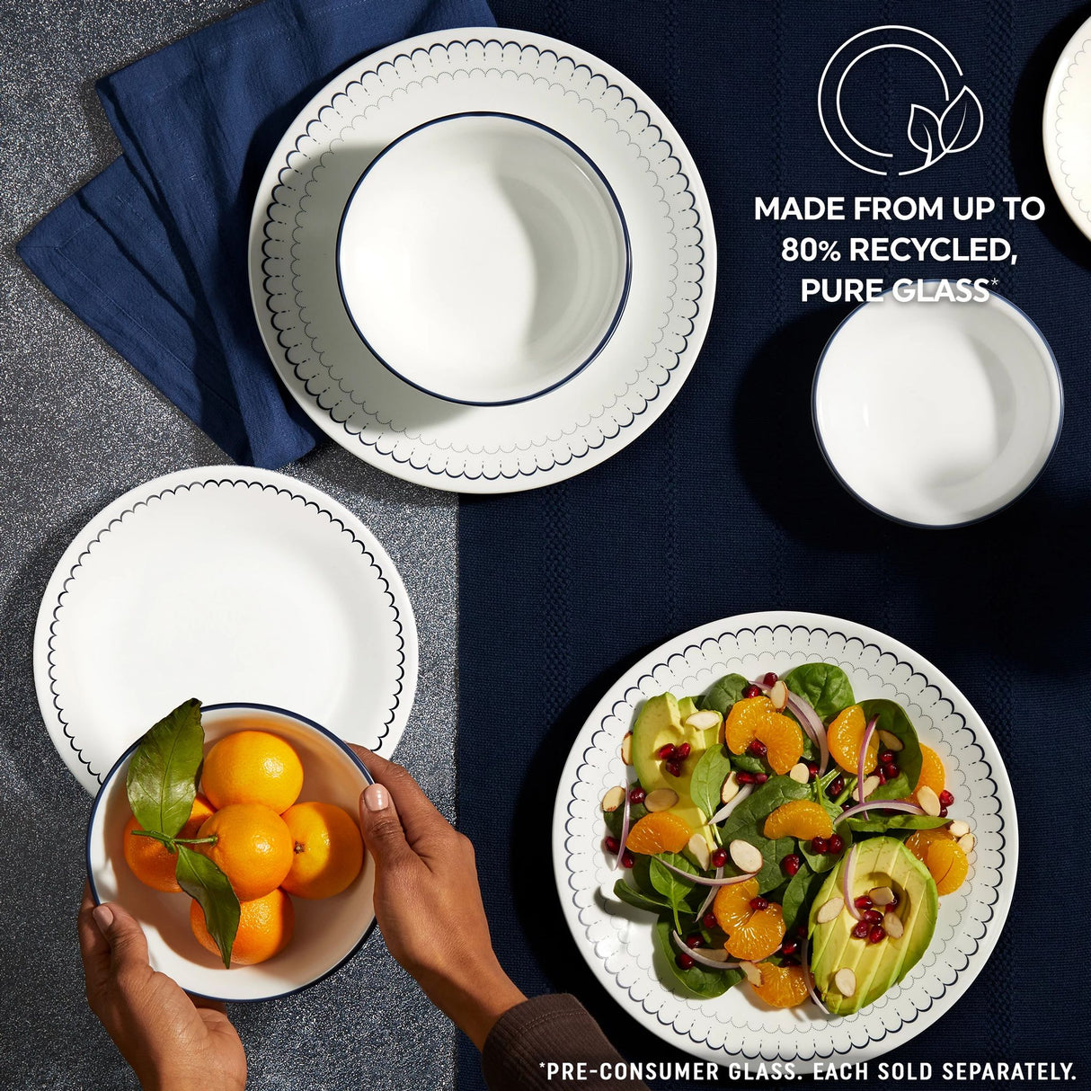  Caspian Lace Dinnerware on tabletop with text made from up to 80% recycled pure glass