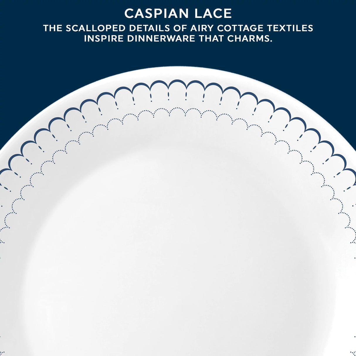 Caspian Lace Dinner Plate with text the scalloped details of airy cottage textiles inspire dinnerware that charms