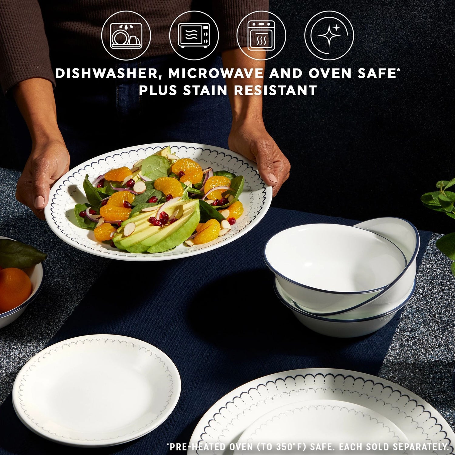 Caspian Lace dinnerware on tabletop with text dishwasher, microwave and oven safe plus stain resistant