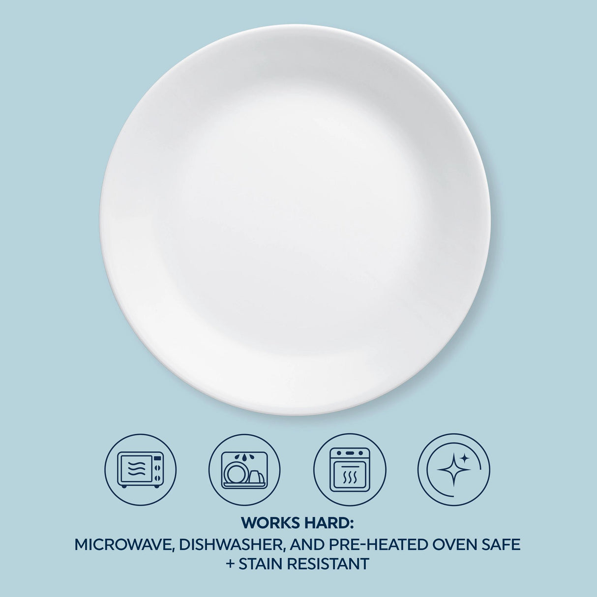 Winter Frost White dinner plate with text works hard microwave dishwasher & preheated ovensafe & stain resistant