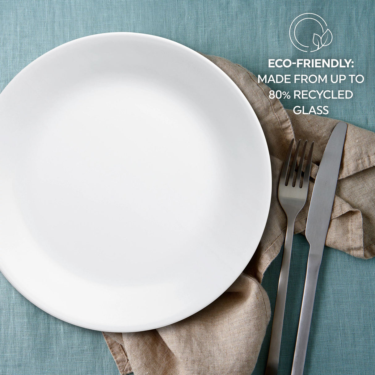 Winter Frost White dinnerplate with text eco-friendly made from up to 80% recycled glass