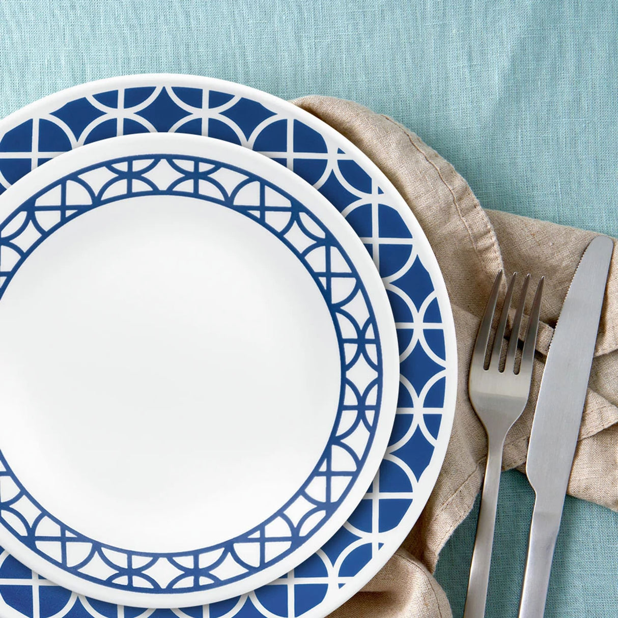 Cobalt circles dinner & appetizer plates with text that says eco-friendly made from up to 80% recycled glass