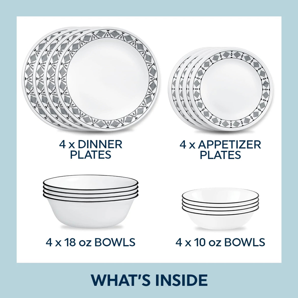 Cusco 4 each: dinner & appetizer plates, 18 & 10oz bowls with text what's inside