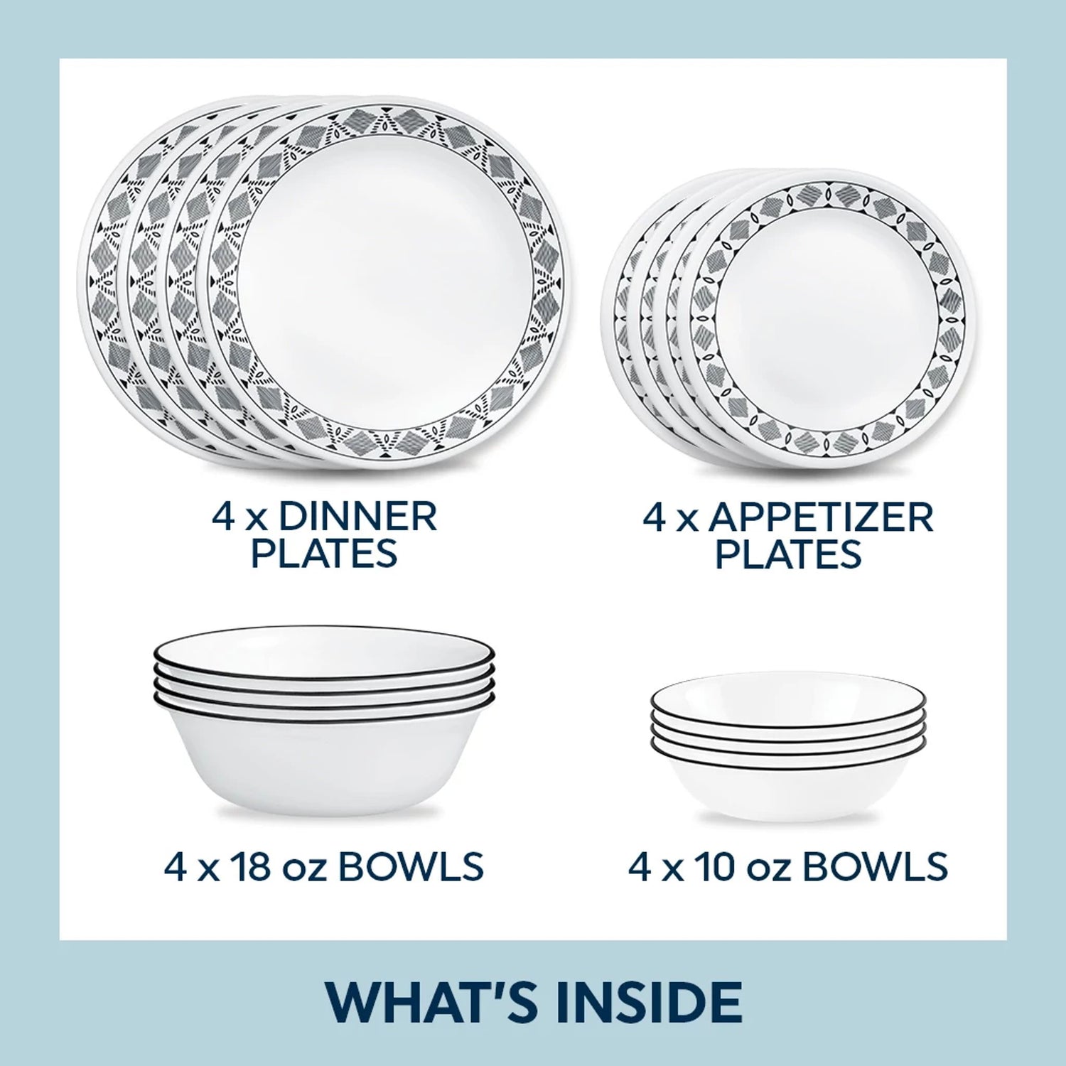 Cusco 4 each: dinner & appetizer plates, 18 & 10oz bowls with text what's inside