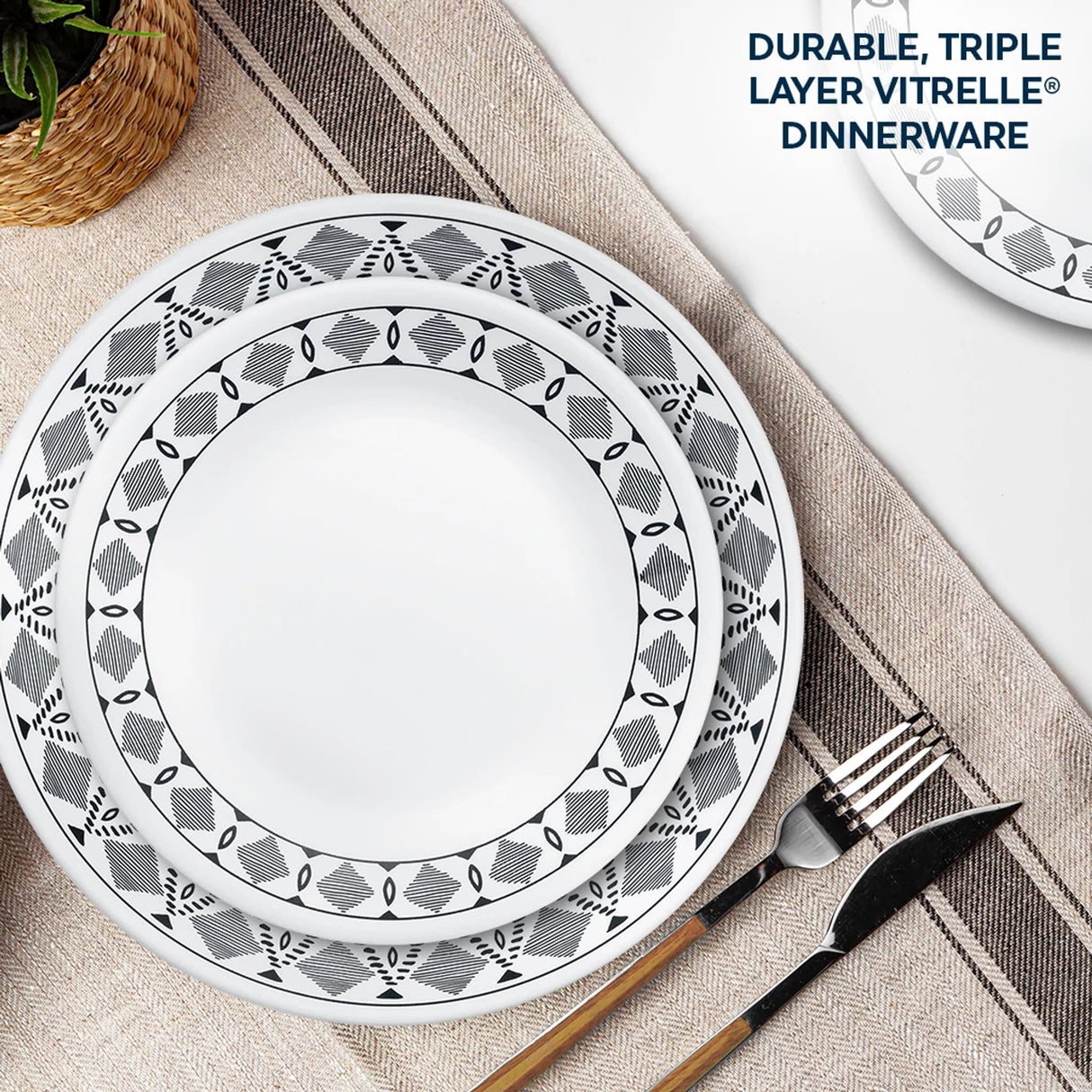text that says durable triple layer Vitrelle dinnerware