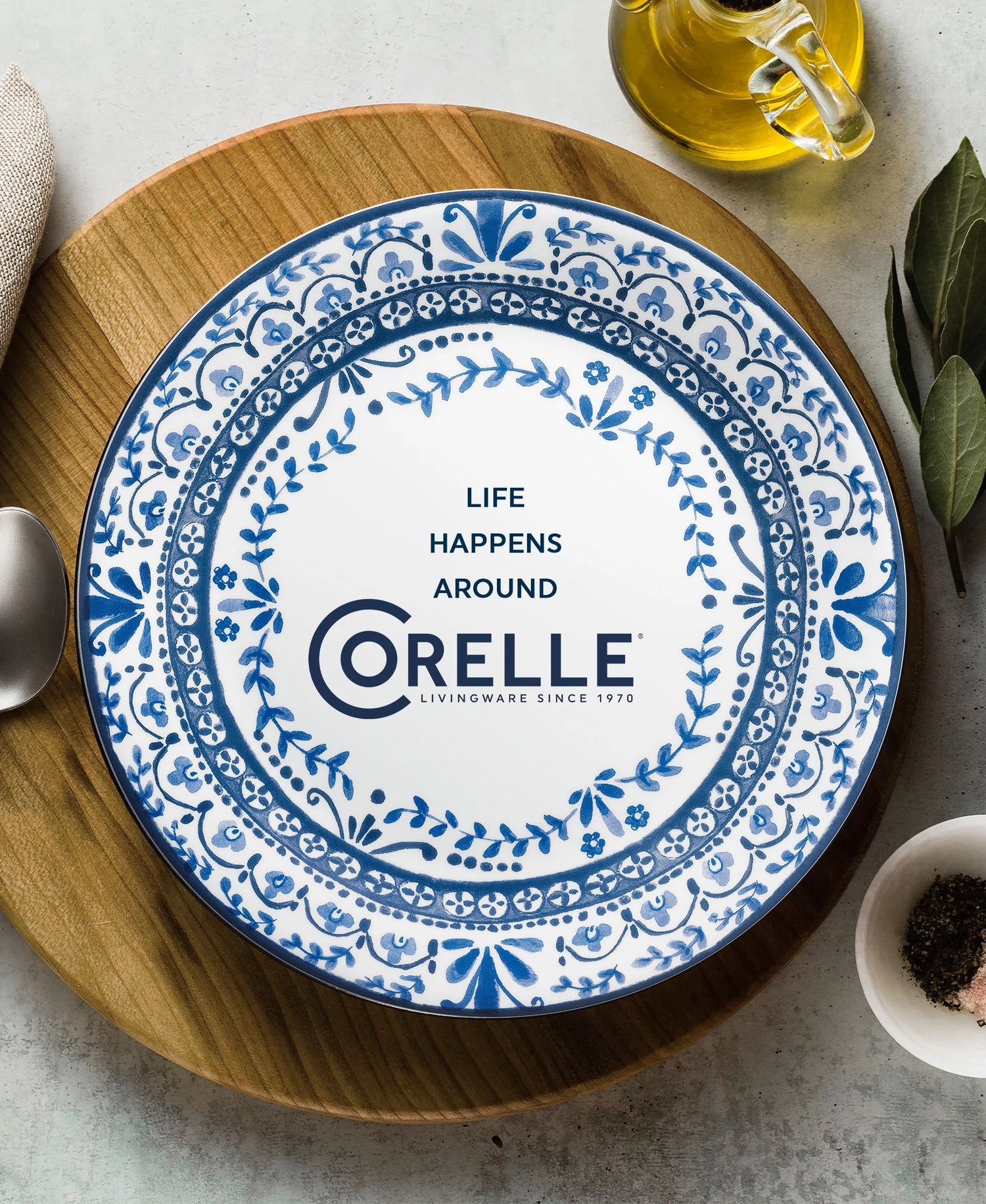 Portofino dinnerplate with text Life Happens Around Corelle