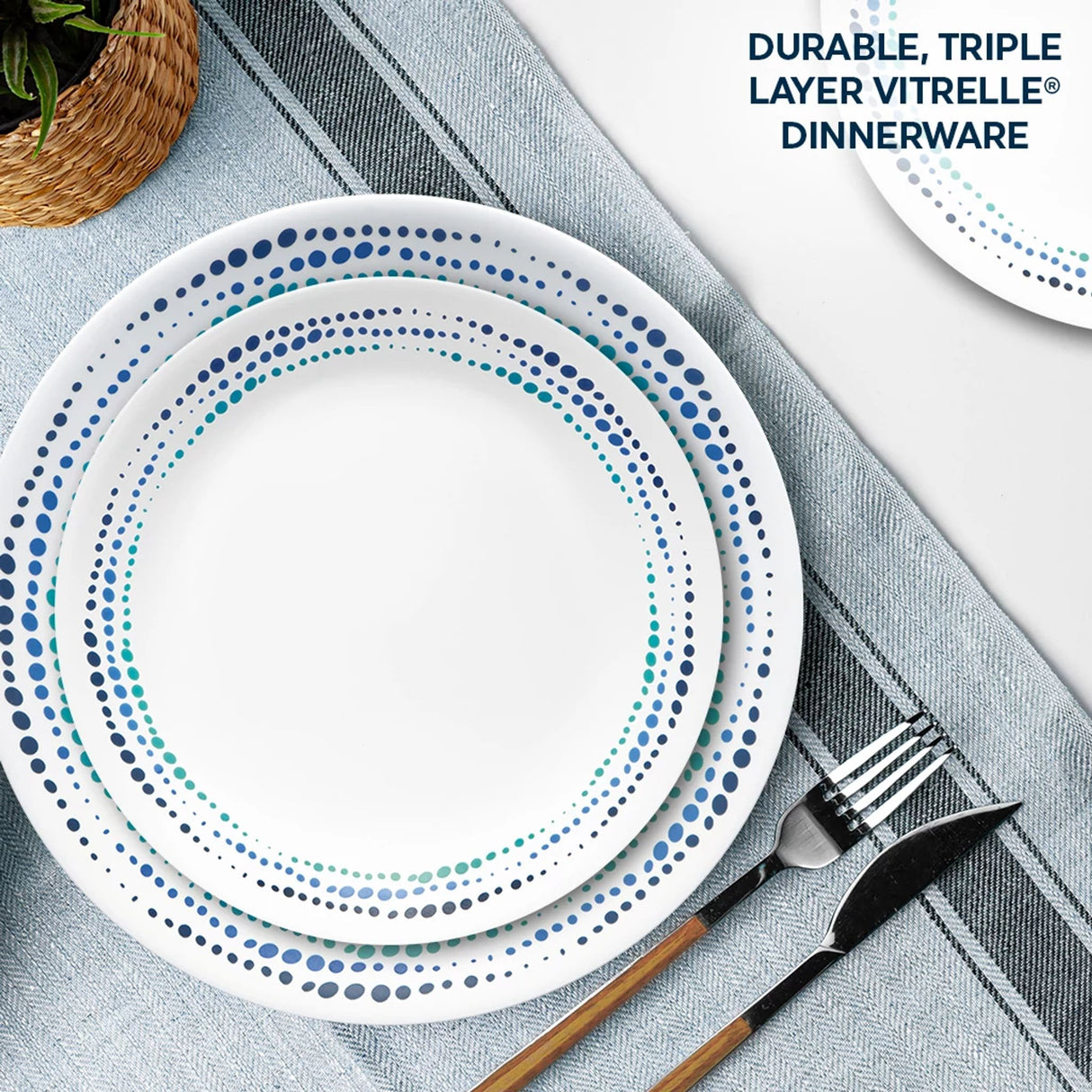 Dinner & Appetizer Plate on table with text durable triple layer vitrelle dinnerware
