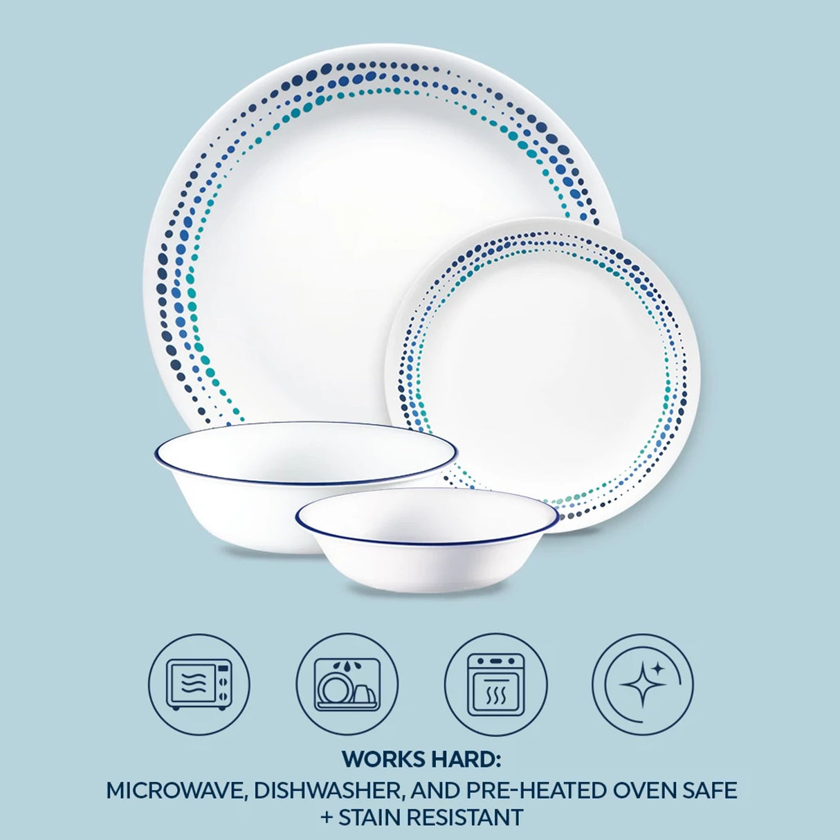 Dinner & Appetizer Plates, 18-oz & 10-oz with text works hard microwave, dishwasher & preheaated oven safe & stain resistant