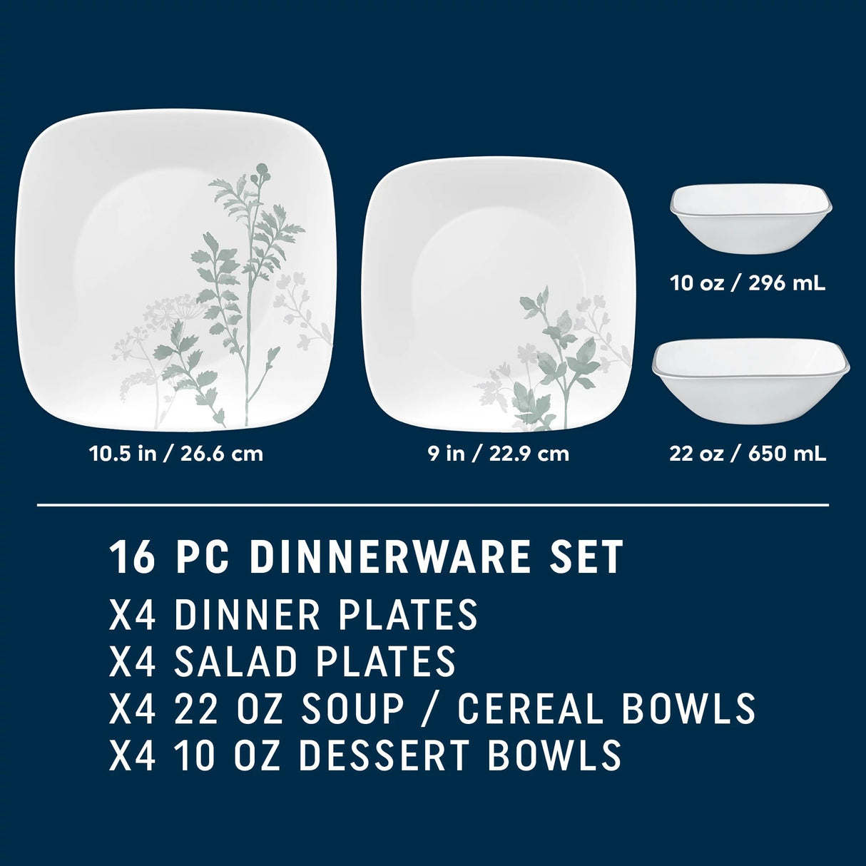 Square Amalie Dinnerware Set with text 16 piece dinnerware set x4 dinner/salad plates, 22oz soup/cereal bowl 10oz desert bowls
