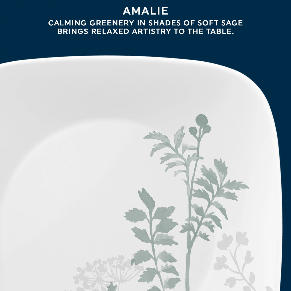 Square Amalie 10.5" Dinner Plate text calming greenery in shads of soft sage brings relaxed artistry to the table