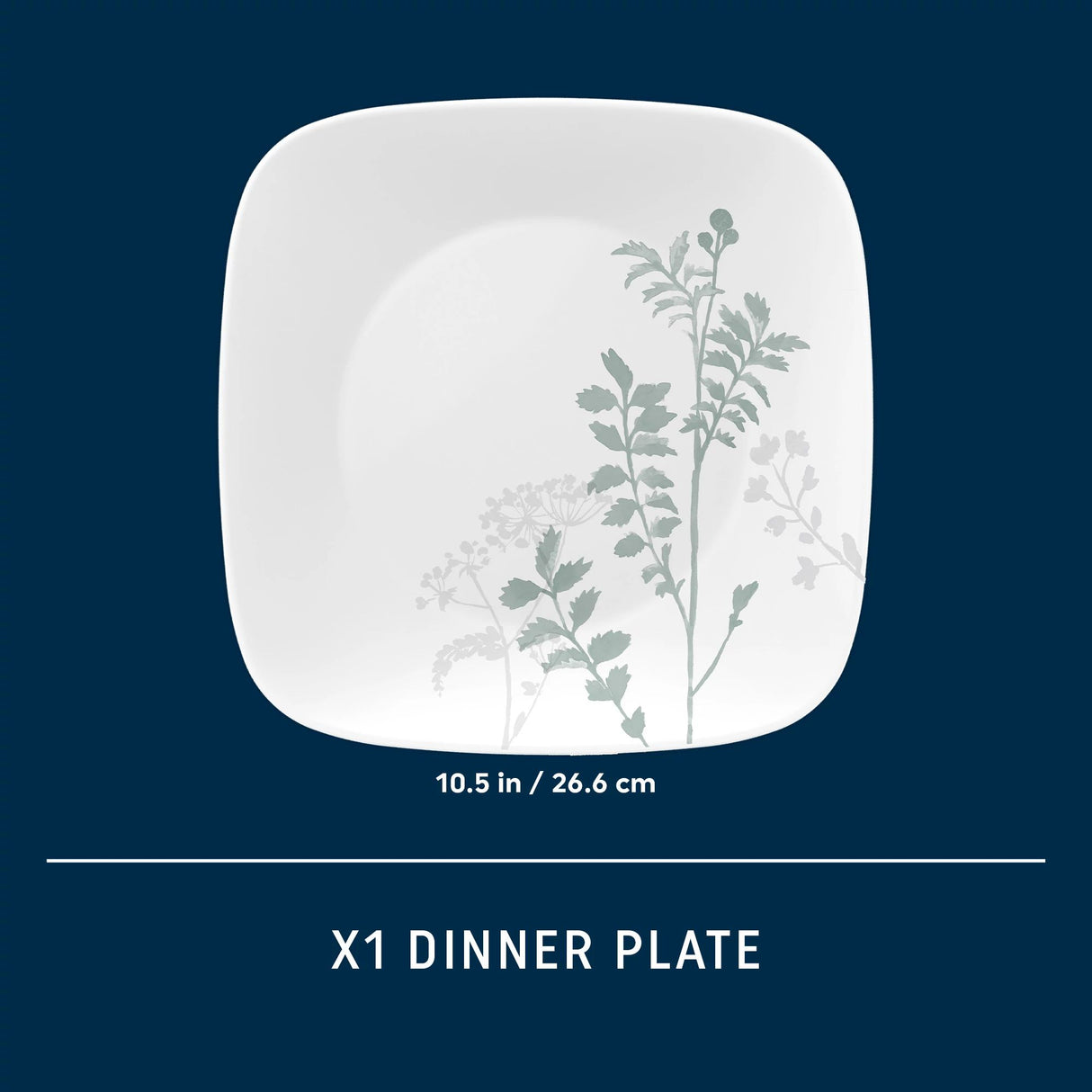 Square Amalie 10.5" Dinner Plate shown with dimension in text