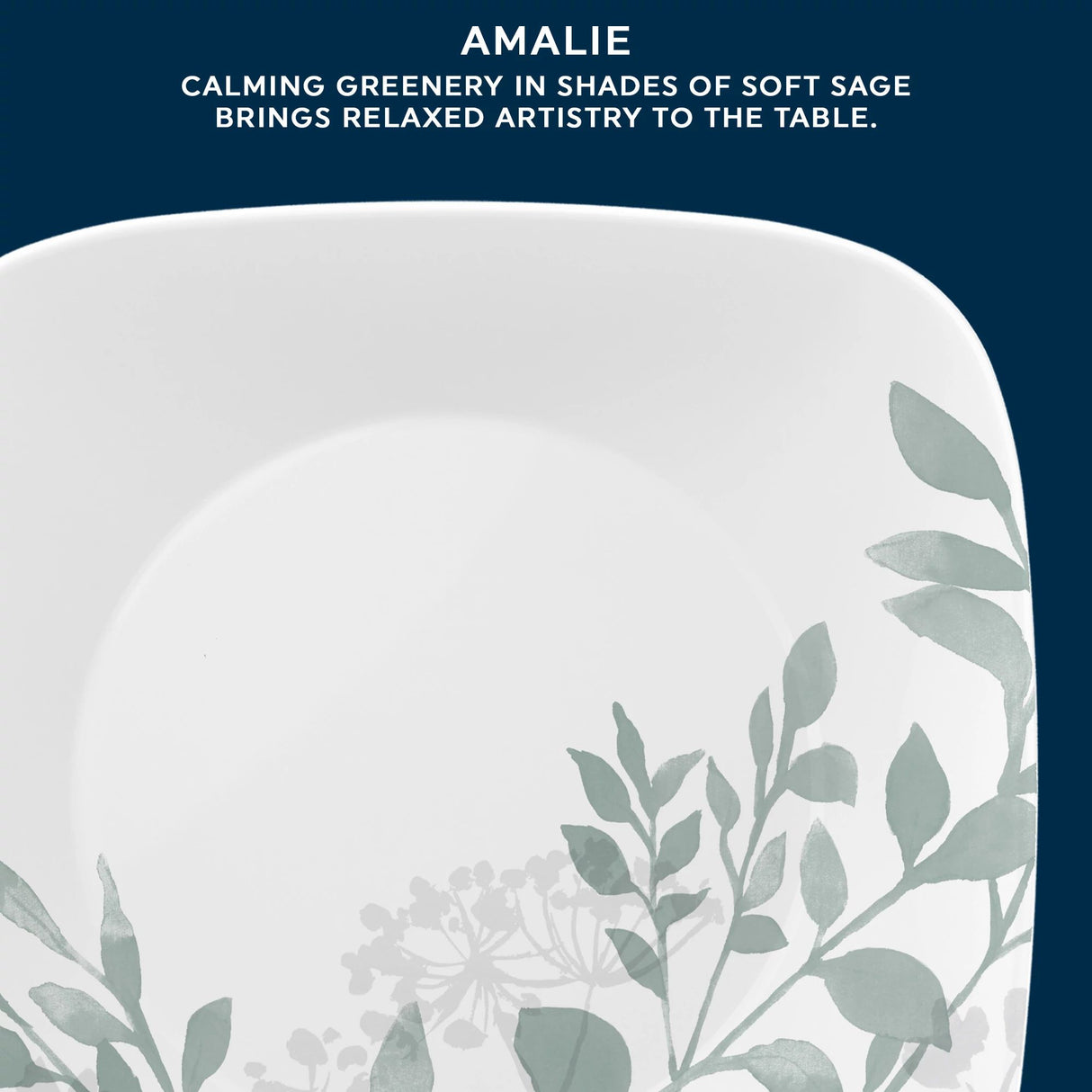 Square Amalie 6.75" Salad Plate text calming greenery in shads of soft sage brings relaxed artistry to the table