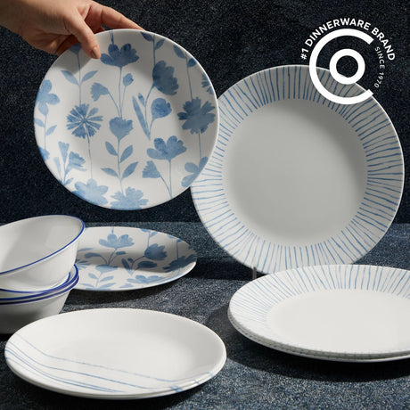  Botanical Stripes 12-pc Dinnerware Set on the table with text #1 Dinnerware Brand