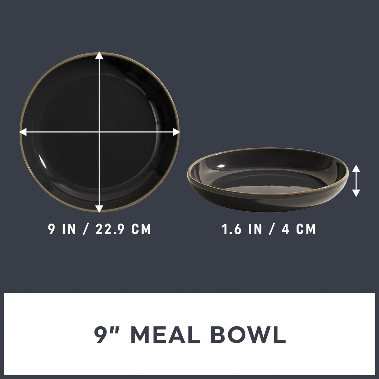  Stoneware 9" Meal Bowl, Peppercorn with dimensions shown on the photo