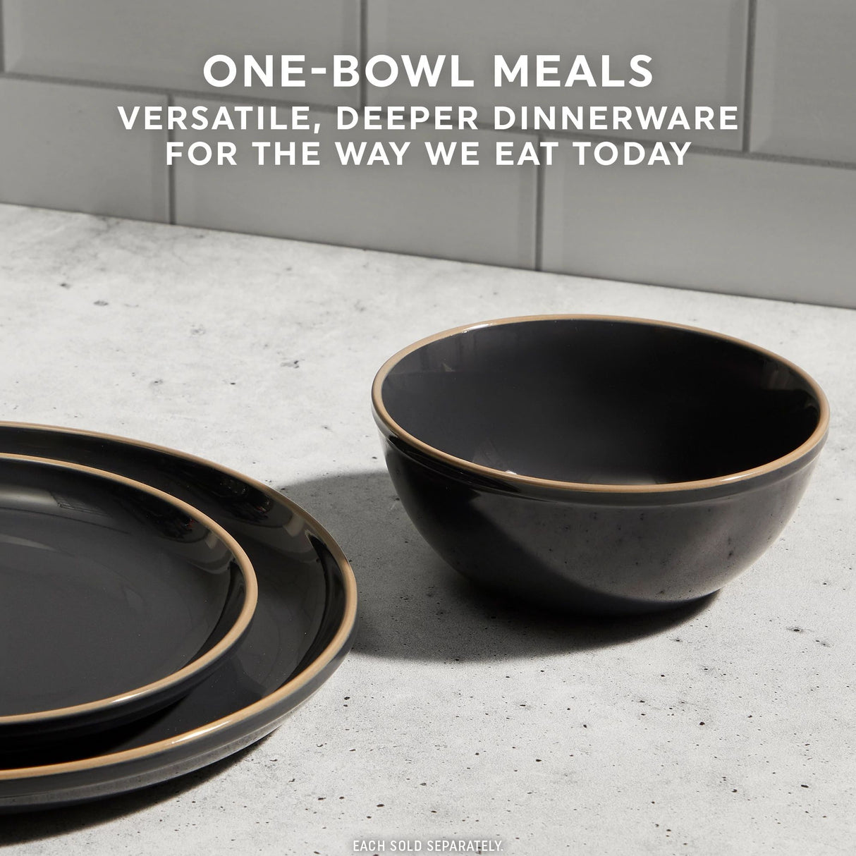  Stoneware Peppercorn dinnerware pieces with text one-bowl meals versatile deeper dinnerware for the way we eat today