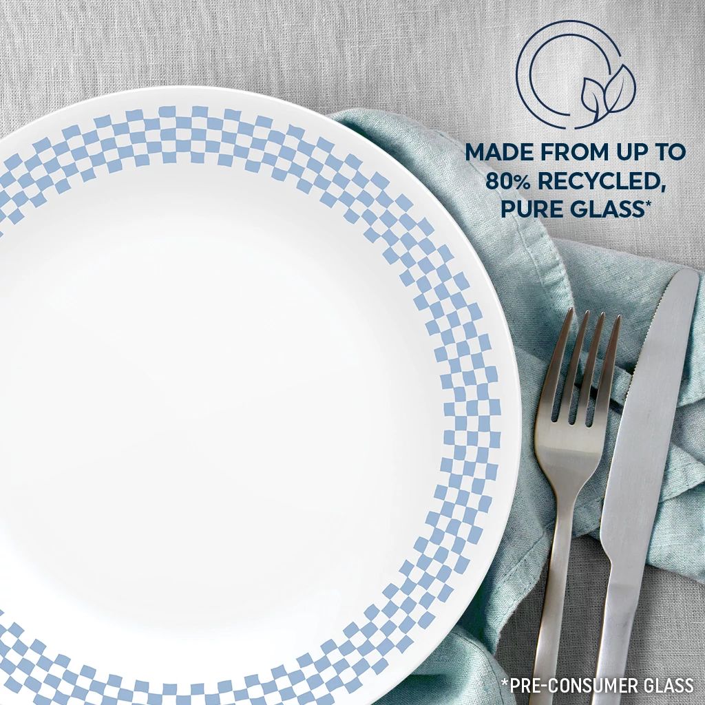 Amelia 10.25" Dinner Plate with text made from up to 80% recycled pure glass