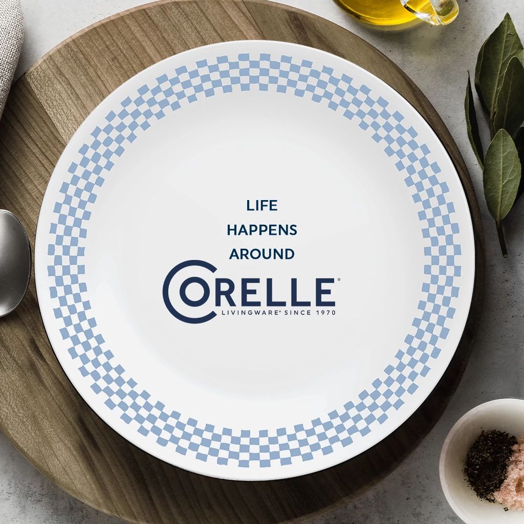 Amelia 10.25" Dinner Plate with text life happens around Corelle