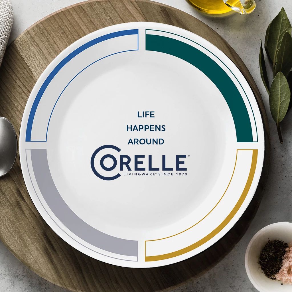 Color Block 10.25" Dinner Plate with text life happens around Corelle