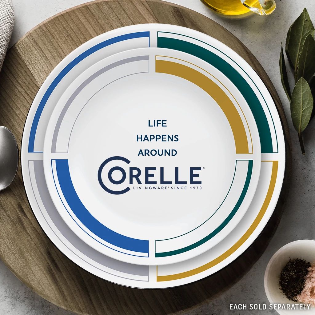 Color Block 8.5" Salad Plate with text life happens around Corelle