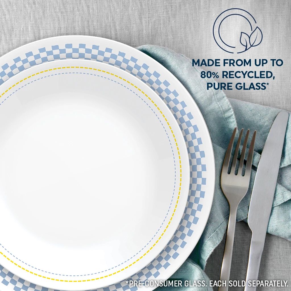 Amelia 8.5" Salad Plate with text made from up to 80% recycled pure glass