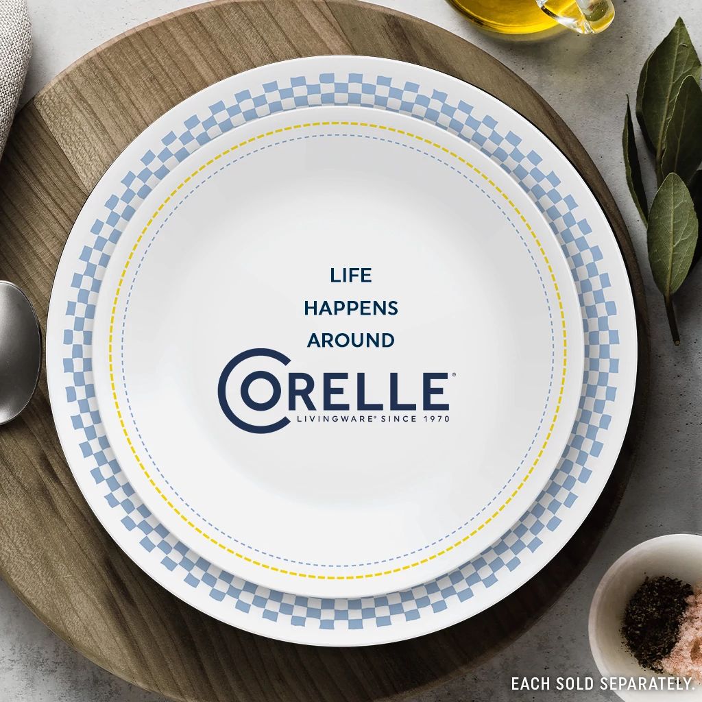 Amelia 8.5" Salad Plate with text life happens around Corelle