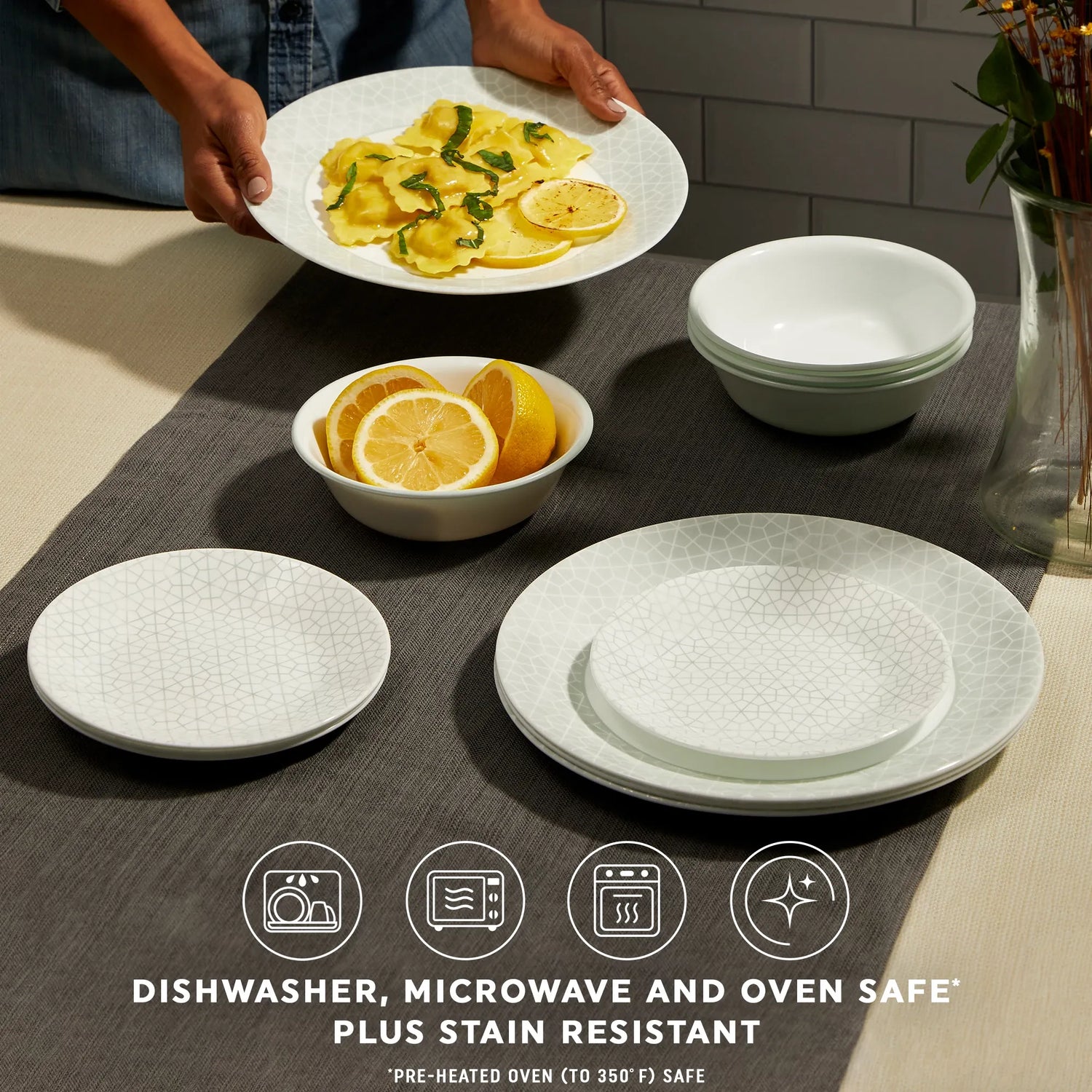 Knox Dinnerware Set with text dishwasher, microwave & oven safe plus stain resistant