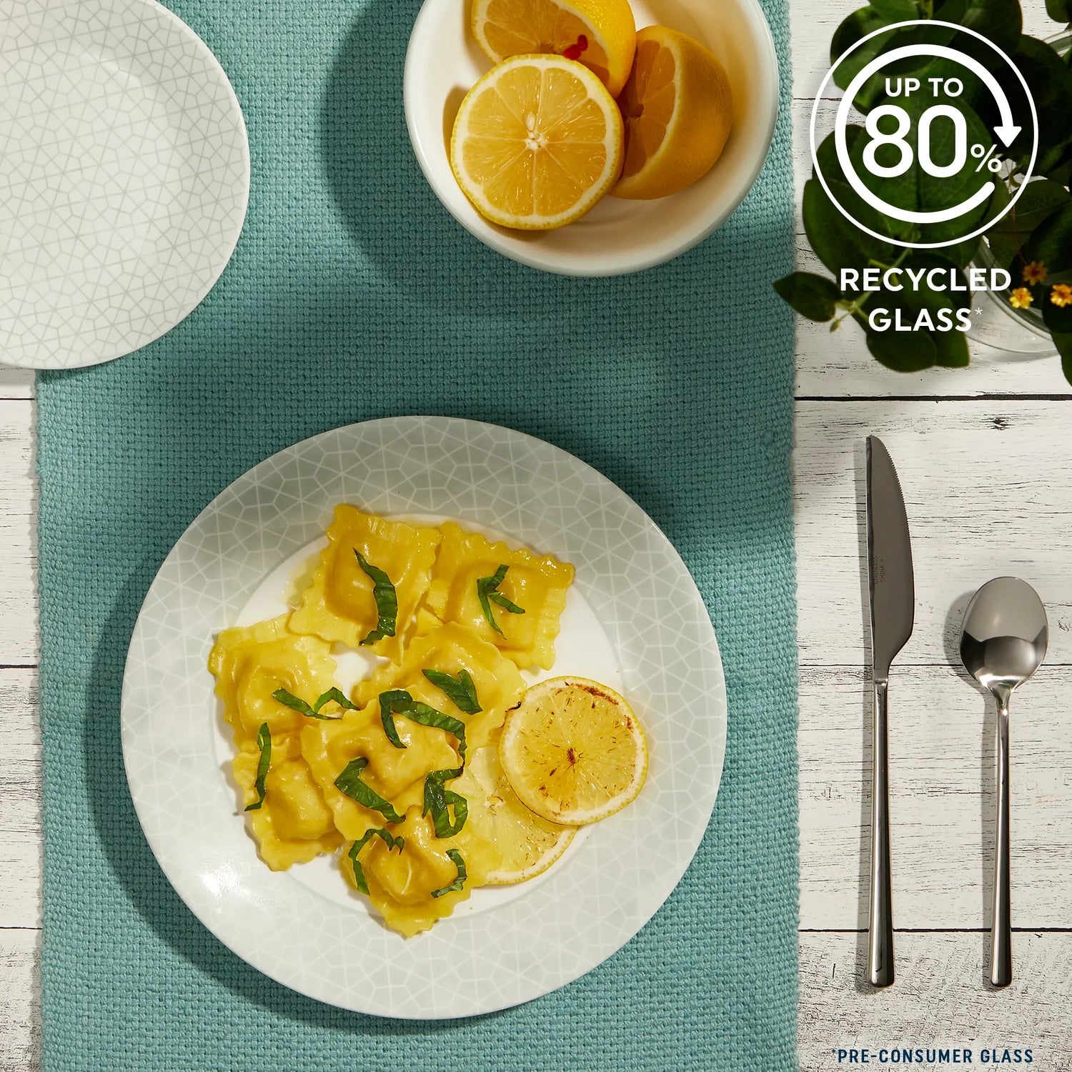 Know Dinner & appetizer plates & cereal bowl with text up to 80% recycled glass