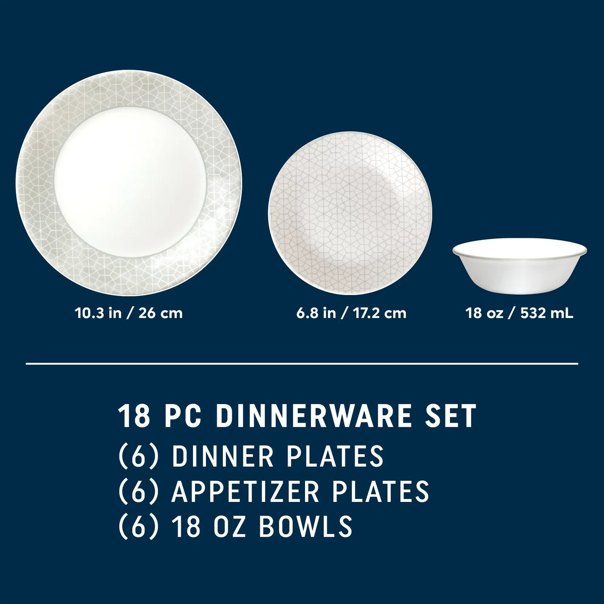 Knox dinner &  appetizer plate & cereal bowl with dimensions for each