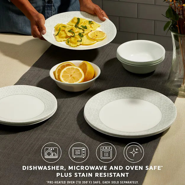 Knox dinnerware on the table with text dishwasher,microwave & oven safe plus stain resistant