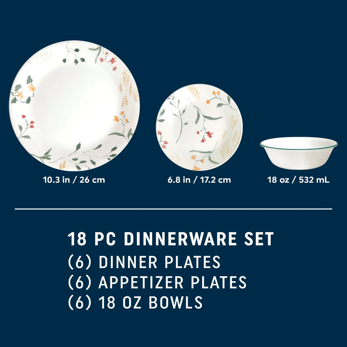 WIldflower Scatter dinner, appetizer plate & bowl showing sizes for each