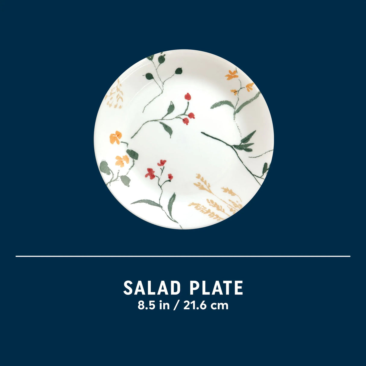 Wildflower Scatter salad plate showing dimension of 8.5"