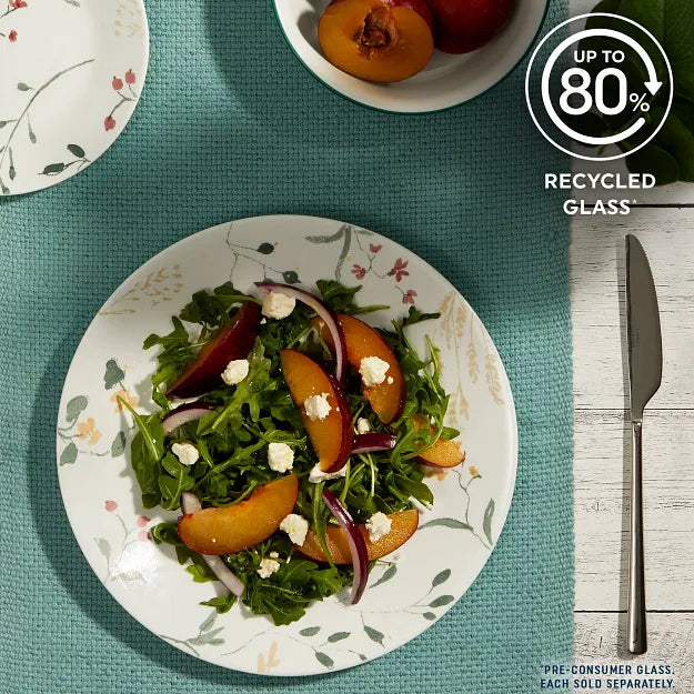 Wildflower Scatter dinner & appetizer plates and cereal bowl with text up to 80% recycled glass