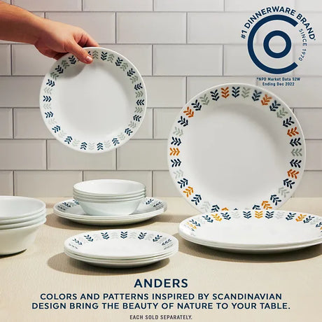  Anders 10.3" Dinner Plate shown with set; text #1 dinnerware brand, colors &amp; patterns inspired by Scandinavian design