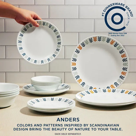 Anders 8.5" Salad Plate shown with set and text #1 Dinnerware brand, colors & patterns inspired by scandiavian design