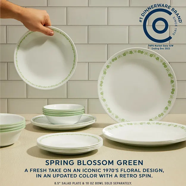 Spring Blossom Green Dinnerware with text #1 dinnerware brand; a fresh take on iconic 1970s floral design