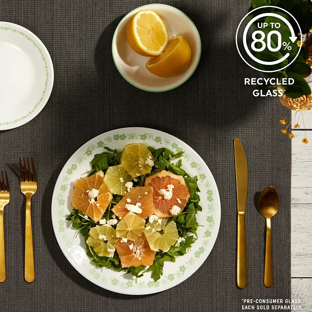 Spring Blossom Green dinnerware with text up to 80% recycled glass
