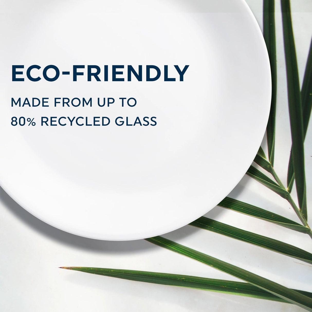 Corelle dinnerplate with text eco-friendly made from up to 80% recycled glass