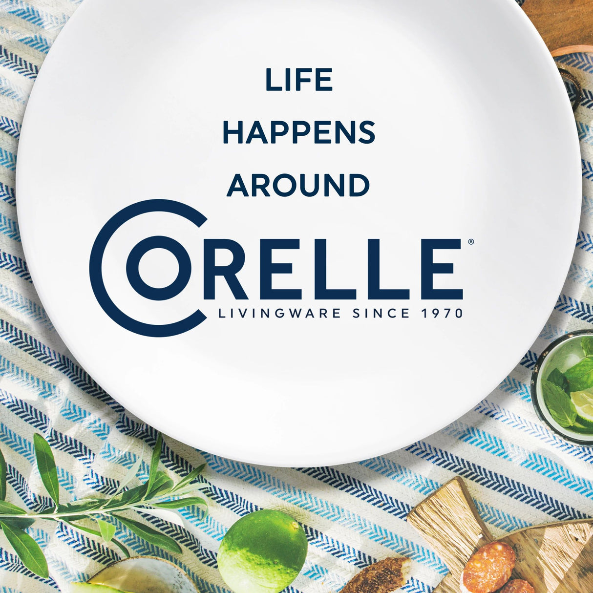 Winter Frost 10.25" dinner plate with text life happens around Corelle